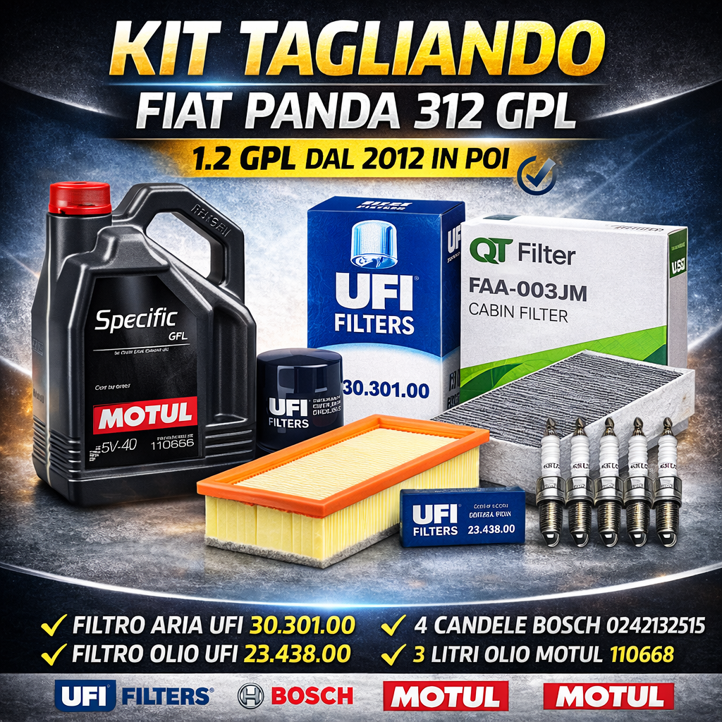 Kit Tagliando Fiat Panda 312 1.2 GPL – Filtri UFI + 4 Candele Bosch + Olio Motul GPL